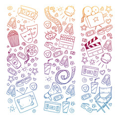 Coloring page. Online internet cinema pattern with vector icons for wrapping paper, posters, banners, leaflets. 3d movie, tv, musical.