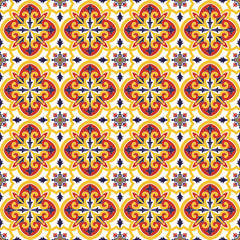Italian tile pattern vector seamless with vintage ornaments. Mexican talavera, Spanish, Portuguese azulejos, Sicily majolica or Venetian ceramic. Retro texture for wallpaper or kitchen floor.