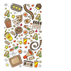 Online internet cinema pattern with vector icons for wrapping paper, posters, banners, leaflets. 3d movie, tv, musical.
