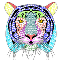 zenart/zentangle style tiger head with moustache,color drawing  for print