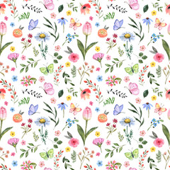 Watercolor floral seamless pattern. Cute botanical print, blooming summer meadow illustration with butterflies on white background. Pastel color palette. Great for nursery design, textile
