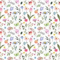 Gardinen Blumen Muster  Watercolor floral seamless pattern. Cute botanical print, blooming summer meadow illustration with butterflies on white background. Pastel color palette. Great for nursery design, textile  © Anna Nekotangerine