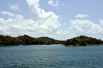 Green landscape of Panama Canal, view from the transiting cargo ship.