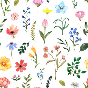 Cute summer meadow flowers seamless pattern. Watercolor wildflower repeat print for design. Hand painted pink, blue, yellow flowers and green leaf illustration on white background. Nursery wallpaper