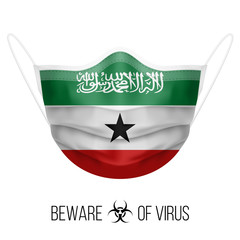 Naklejka premium Medical Mask with National Flag of Somaliland as Icon on White. Protective Mask Virus and Flu. Surgery Concept of Health Care Problems and Fight Novel Coronavirus (2019-nCoV) in Form of flag colors