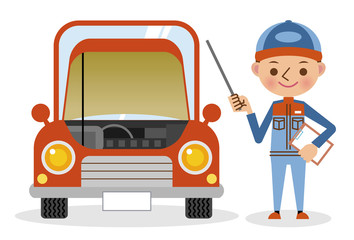 指し棒を使って解説する自動車整備士とボンネットの開いた車