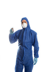 Man in protective clothing with two sample bottles. Coronavirus test.