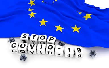 European Union flag and text stop covid-19.