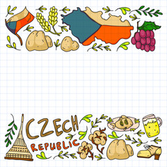 Fototapeta premium Vector pattern with symbols of Czech Republic. Set with tourism icons and landscapes elements. Travel to country. City, cathedral, building, European architecture. Illustration with landmarks