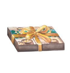 Box of chocolates decorated with a ribbon with a bow. Watercolor illustration.