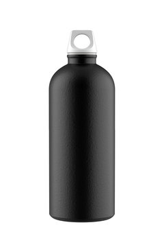 Black Aluminum Hiking or Cycling Sports Water Bottle with Coating and White Bung for Carabiner. 3D Render Isolated on White Background.