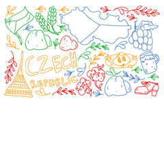 Vector pattern with symbols of Czech Republic. Set with tourism icons and landscapes elements. Travel to country. City, cathedral, building, European architecture. Illustration with landmarks