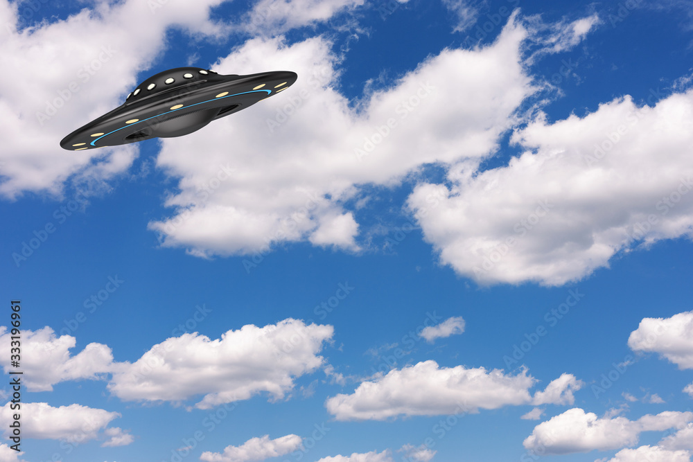 Poster ufo concept. alien spaceship or flying saucer . 3d rendering