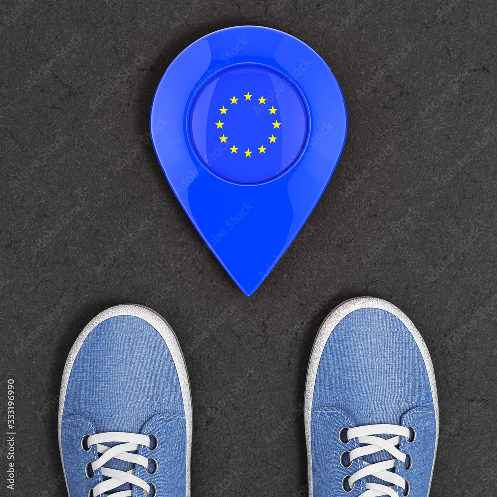 Poster travel to european union concept. blue denim sneakers on the asphalt road with map pointer and eu fl
