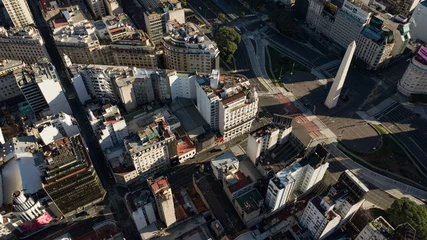 Foto op Canvas Aerial top view on iconic Obelisk and surroundings in Buenos Aires, Argentina during golden hour (sunset time) with no people or traffic due to corona virus quarantine - 24 March 2020 © Katarzyna