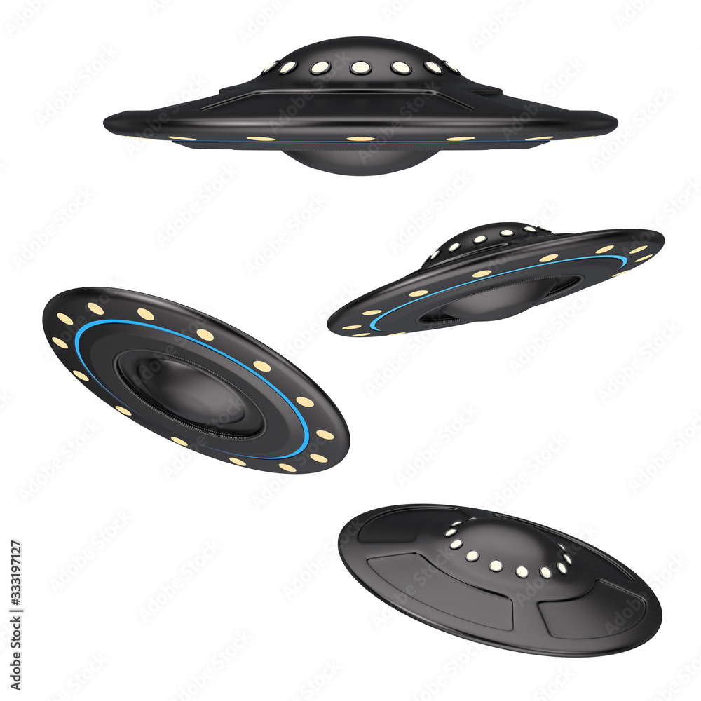 Poster ufo concept. alien spaceship or flying saucer . 3d rendering