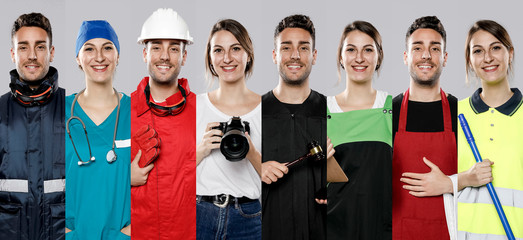 Front view of collection of men and women with different jobs