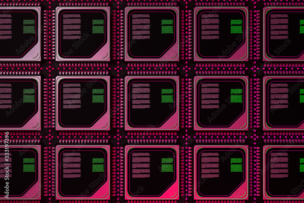 Poster Computer Server Concept. Silicone Wafer with Rows of Microchip CPU. 3d Rendering