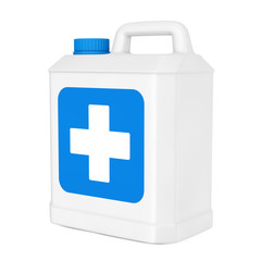White Plastic Disinfectant Bottle with Blue Cross Label. 3d Rendering