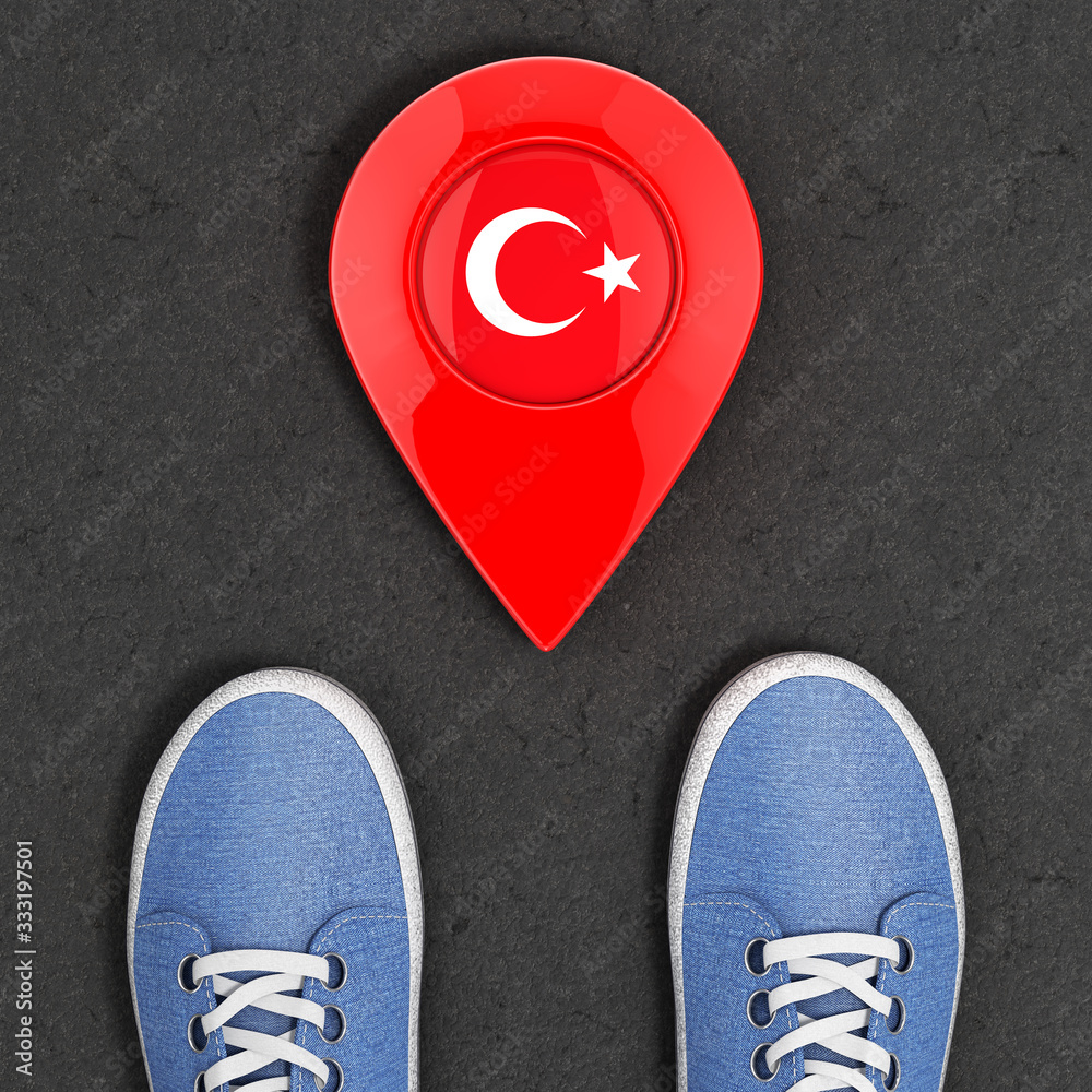 Poster travel to turkey concept. blue denim sneakers on the asphalt road with map pointer and turkey flag t