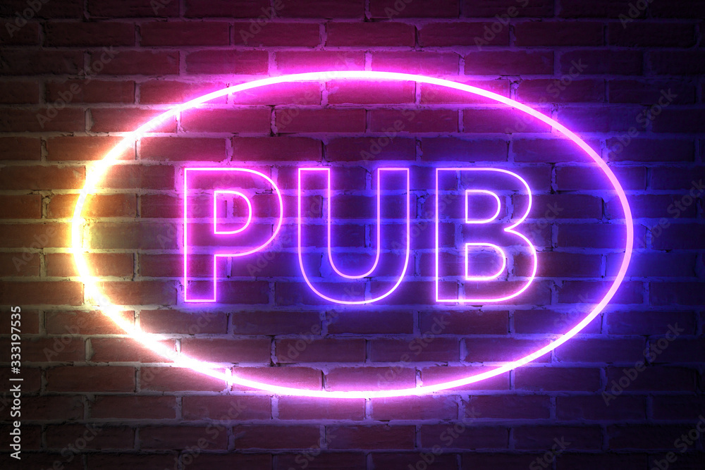Poster Ellipse Neon Light Frame with Pub Sign. 3d Rendering