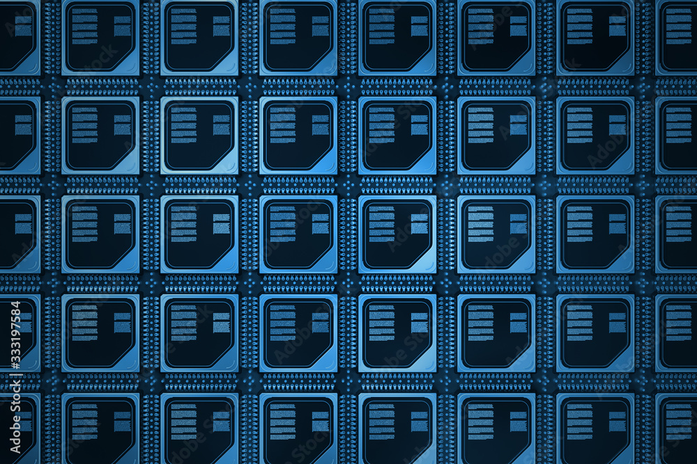 Poster Computer Server Concept. Silicone Wafer with Rows of Microchip CPU in Blue Key. 3d Rendering
