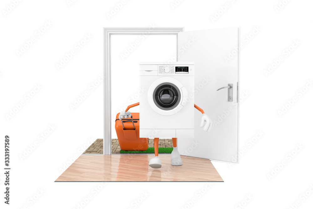 Poster buying home appliances concept. white modern washing machine as character person with a suitcase com