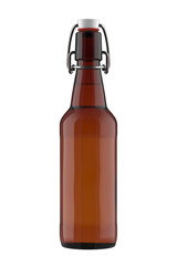 16 oz Amber Brown Glass Beer Bottle with Flip or Swing Top Stopper. 3D Render Isolated on White Background.