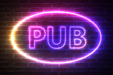 Ellipse Neon Light Frame with Pub Sign. 3d Rendering