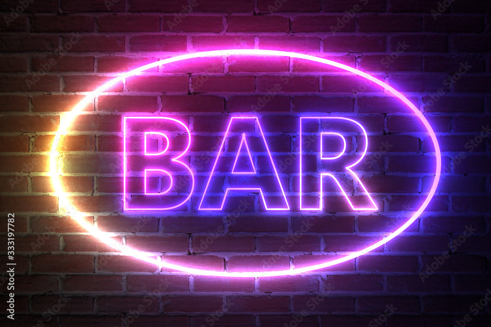 Aufkleber ellipse neon light frame with bar sign. 3d rendering