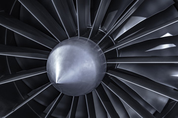 Turbine Engine. Aviation Technologies. Aircraft jet engine detail in the exposition.