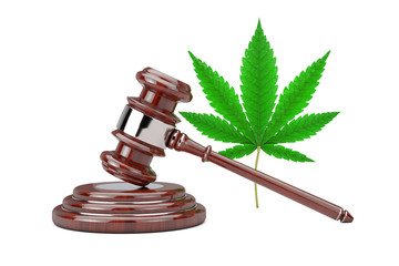 Green Cannabis Leaf with Red Wooden Judge Gavel. 3d Rendering