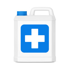 White Plastic Disinfectant Bottle with Blue Cross Label. 3d Rendering