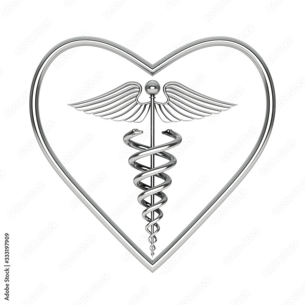 Poster silver medical caduceus symbol in shape of heart. 3d rendering