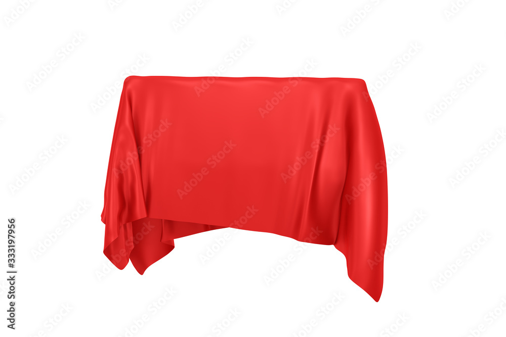 Poster surprise, award or prize concept. hidden object covered with red silk cloth. 3d rendering