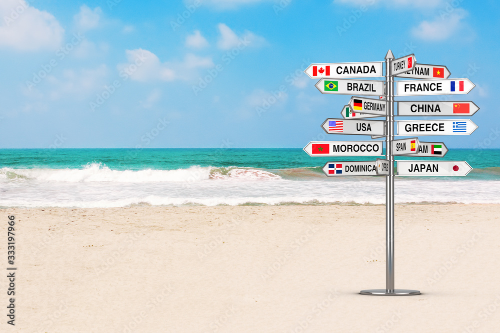 Aufkleber Travel Concept. Signpost with Various Countries Names and Flags on the Ocean Beach. 3d Rendering