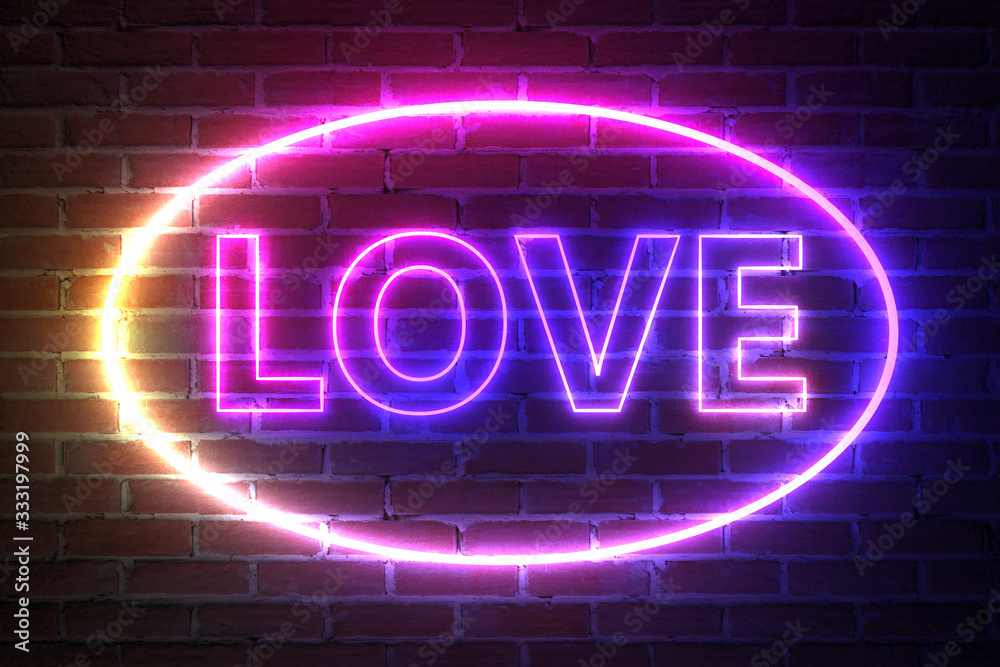 Poster Ellipse Neon Light Frame with Love Sign. 3d Rendering
