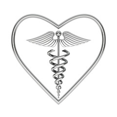 Silver Medical Caduceus Symbol in Shape of Heart. 3d Rendering