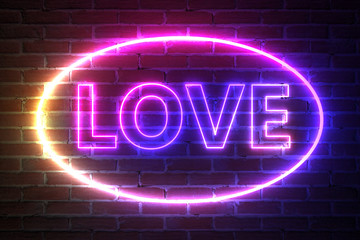 Ellipse Neon Light Frame with Love Sign. 3d Rendering