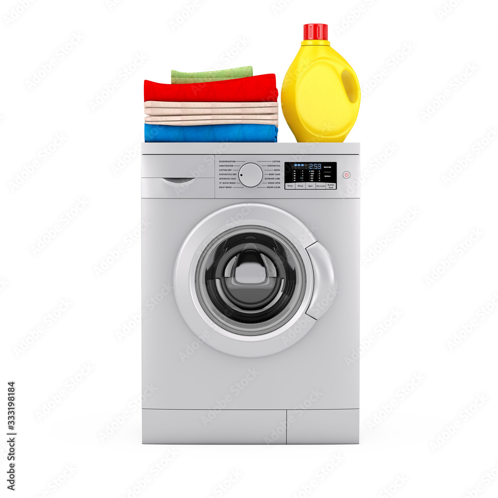 Aufkleber silver modern washing machine with detergent bottle and pile of clothes. 3d rendering
