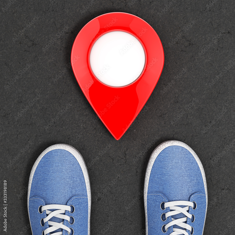 Poster blue denim sneakers on the asphalt road with map pointer top view. 3d rendering