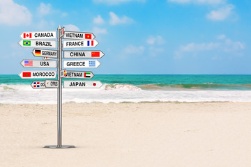 Travel Concept. Signpost with Various Countries Names and Flags on the Ocean Beach. 3d Rendering