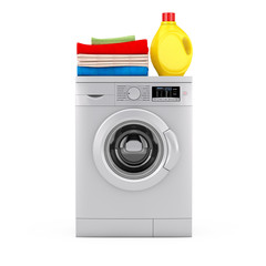 Silver Modern Washing Machine with Detergent Bottle and Pile of Clothes. 3d Rendering
