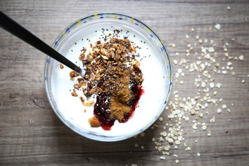 Healthy breakfast with milk and granola 