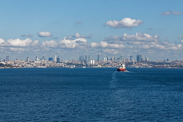 The City of Istanbul with a general Cargo Vessel approaching the Bosphorus Straits from the Sea of Marmara.