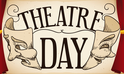 Curtains, Scroll with Masks Drawing Ready for Theatre Day, Vector Illustration