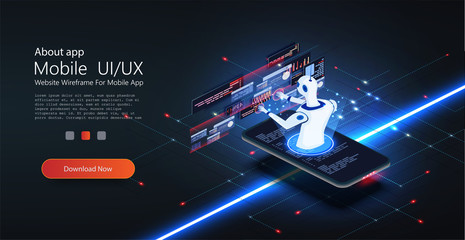 Chat bot and future marketing.Isometric concept of artificial intelligence controls computers or internet, digital network. Software development coding process concept. Programming, testing