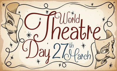 Scroll with Retro Design of Masks to Celebrate World Theatre Day, Vector Illustration