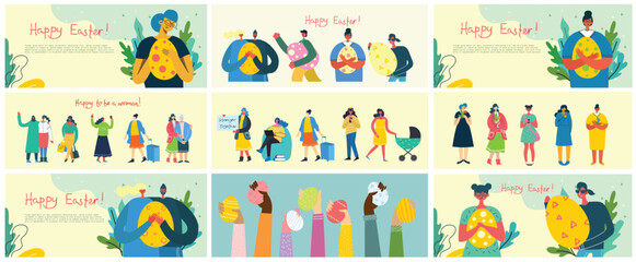 Vector Easter cards with people and animals holding the eggs and hand drawn text - Happy Easter in the flat style