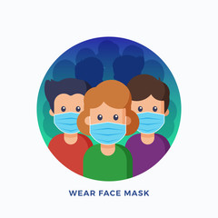 People Wearing Protective Medical Face Masks. Protection from Viruses, Air Pollution, Flu or Disease. Flat Style Vector Illustration Emblem or Sign.